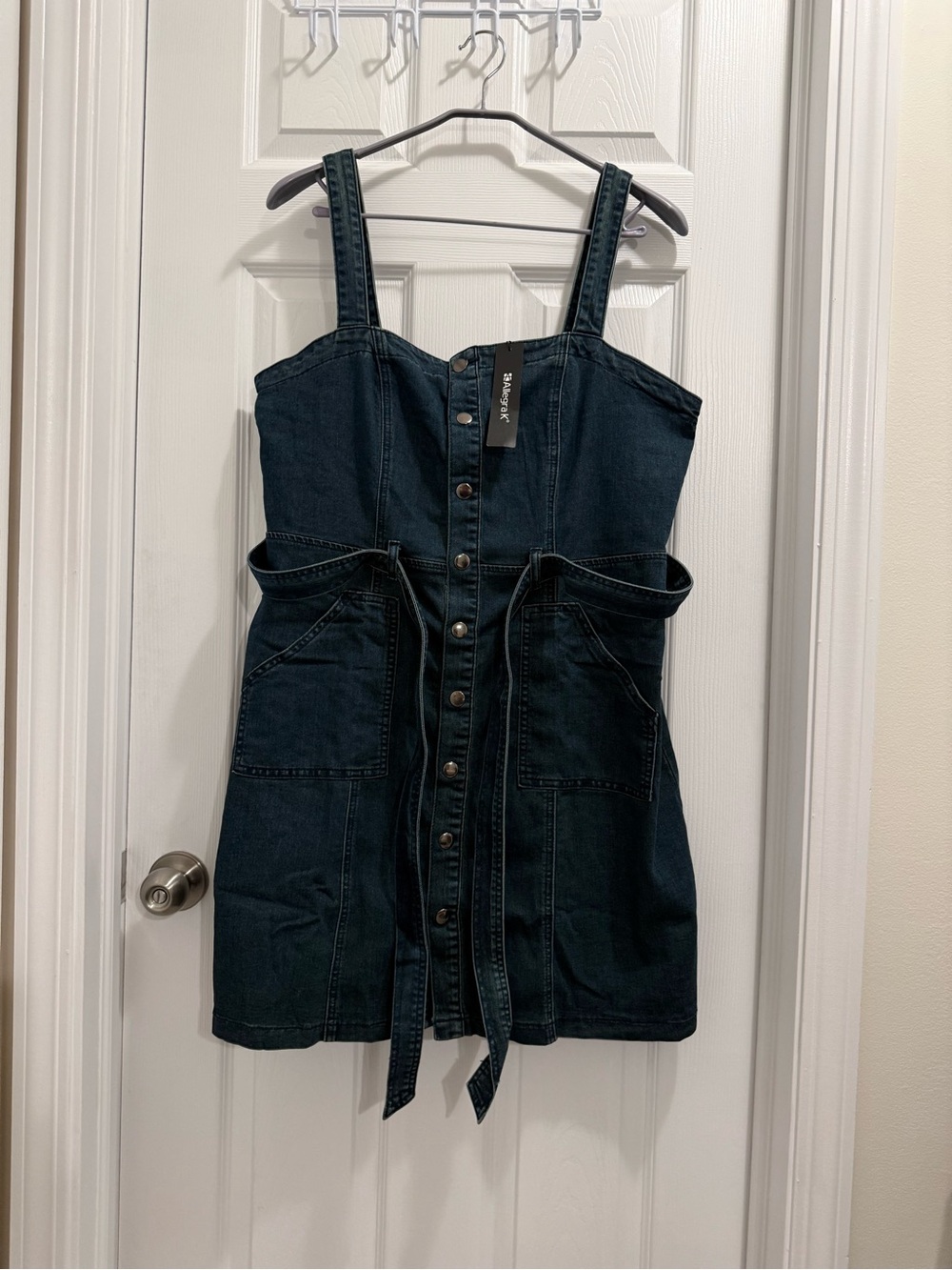 NWT Allegra K Dark Blue Denim Button-Front Stretch Dress with Belt Size XL